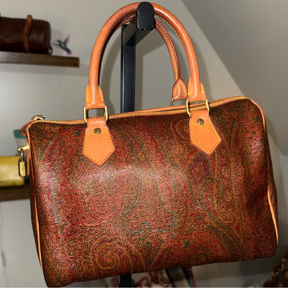ETRO Milano Paisley Boston Bag Brown Leather Speedy Satchel Made in Italy - Picture 8 of 10